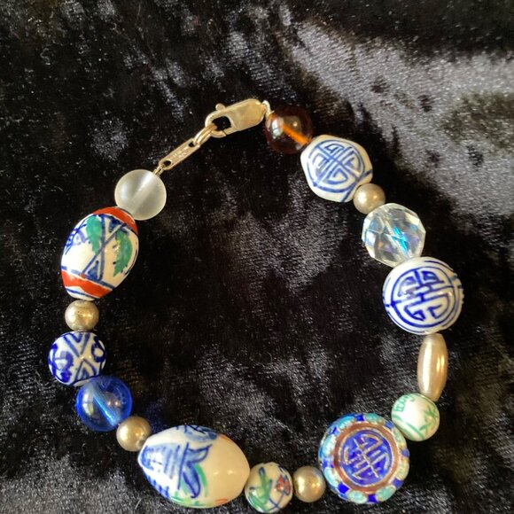 Sterling 925 Ceramic Glass Cloisonne Beaded Bracelet Chinese‎ Jordan 8" - Picture 2 of 9
